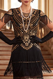 Vintage Black Golden Fringed Sequins 1920s Flapper Dress with Cap Sleeves