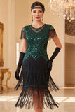 Vintage Black Golden Fringed Sequins 1920s Flapper Dress with Cap Sleeves