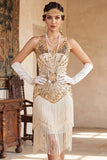 Vintage Black Golden Sequins Sleeveless 1920s Flapper Dress with Fringes
