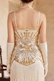 Vintage Black Golden Sequins Sleeveless 1920s Flapper Dress with Fringes