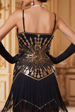 Vintage Black Golden Sequins Sleeveless 1920s Flapper Dress with Fringes