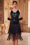 Vintage Black Golden Sequins Sleeveless 1920s Flapper Dress with Fringes