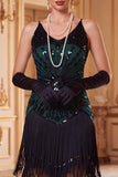 Vintage Black Golden Sequins Sleeveless 1920s Flapper Dress with Fringes
