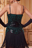 Vintage Black Golden Sequins Sleeveless 1920s Flapper Dress with Fringes