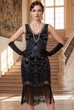 Sparkly Black Golden Sequins Bodycon Scoop Neck 1920s Flapper Dress with Fringes