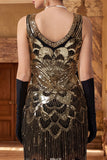 Sparkly Black Golden Sequins Bodycon Scoop Neck 1920s Flapper Dress with Fringes