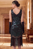 Sparkly Black Golden Sequins Bodycon Scoop Neck 1920s Flapper Dress with Fringes