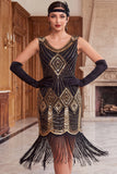 Black Golden Sequins Bodycon Short 1920s Flapper Dress with Fringes
