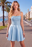 Blue A Line Corset Sequins Short Cocktail Dress with Lace Up Back