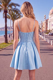 Blue A Line Corset Sequins Short Cocktail Dress with Lace Up Back