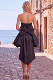 Black Strapless A Line Bubble Hem Cocktail Dress with Back Bow