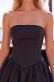 Black Strapless A Line Bubble Hem Cocktail Dress with Back Bow