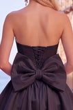 Black Strapless A Line Bubble Hem Cocktail Dress with Back Bow