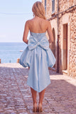Black Strapless A Line Bubble Hem Cocktail Dress with Back Bow