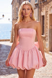 Black Strapless A Line Bubble Hem Cocktail Dress with Back Bow