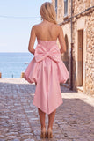 Black Strapless A Line Bubble Hem Cocktail Dress with Back Bow