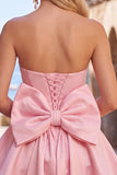 Black Strapless A Line Bubble Hem Cocktail Dress with Back Bow