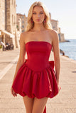Black Strapless A Line Bubble Hem Cocktail Dress with Back Bow