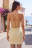 Yellow Bodycon Corset Floral Embroidery Short Cocktail Dress with Lace Up Back