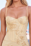 Yellow Bodycon Corset Floral Embroidery Short Cocktail Dress with Lace Up Back