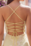 Yellow Bodycon Corset Floral Embroidery Short Cocktail Dress with Lace Up Back