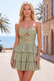 Grey Green A Line Cut Out Strapless Tiered Ruffle Short Cocktail Dress