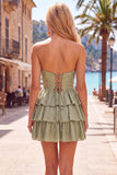 Grey Green A Line Cut Out Strapless Tiered Ruffle Short Cocktail Dress