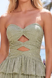 Grey Green A Line Cut Out Strapless Tiered Ruffle Short Cocktail Dress