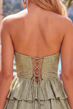 Grey Green A Line Cut Out Strapless Tiered Ruffle Short Cocktail Dress