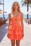 Grey Green A Line Cut Out Strapless Tiered Ruffle Short Cocktail Dress