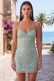 Apricot Bodycon Spaghetti Straps Beaded Short Cocktail Dress with Sequins