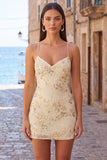 Apricot Bodycon Spaghetti Straps Beaded Short Cocktail Dress with Sequins