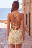 Apricot Bodycon Spaghetti Straps Beaded Short Cocktail Dress with Sequins