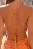 Apricot Bodycon Spaghetti Straps Beaded Short Cocktail Dress with Sequins