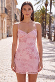 Apricot Bodycon Spaghetti Straps Beaded Short Cocktail Dress with Sequins