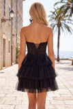 Fuchsia A Line Corset Strapless Tiered Homecoming Dress with Lace Appliques
