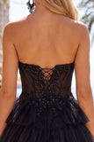 Fuchsia A Line Corset Strapless Tiered Homecoming Dress with Lace Appliques