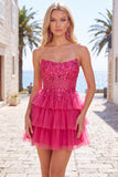 Fuchsia A Line Corset Strapless Tiered Homecoming Dress with Lace Appliques