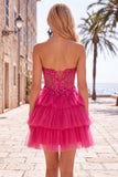 Fuchsia A Line Corset Strapless Tiered Homecoming Dress with Lace Appliques
