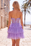 Fuchsia A Line Corset Strapless Tiered Homecoming Dress with Lace Appliques