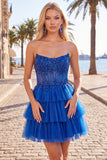 Fuchsia A Line Corset Strapless Tiered Homecoming Dress with Lace Appliques