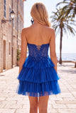Fuchsia A Line Corset Strapless Tiered Homecoming Dress with Lace Appliques