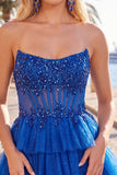 Fuchsia A Line Corset Strapless Tiered Homecoming Dress with Lace Appliques