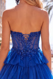Fuchsia A Line Corset Strapless Tiered Homecoming Dress with Lace Appliques