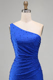 Royal Blue One Shoulder Pearls Ruched Bodycon Short Homecoming Dress with Beading
