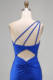 Royal Blue One Shoulder Pearls Ruched Bodycon Short Homecoming Dress with Beading