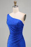Royal Blue One Shoulder Pearls Ruched Bodycon Short Homecoming Dress with Beading