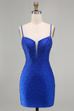 Royal Blue Pearls Corset Bodycon Short Homecoming Dress with Beading