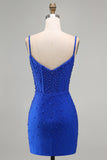 Royal Blue Pearls Corset Bodycon Short Homecoming Dress with Beading