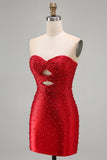Sparkly Red Cut Out Pearl Bodycon Strapless Short Homecoming Dress with Beading